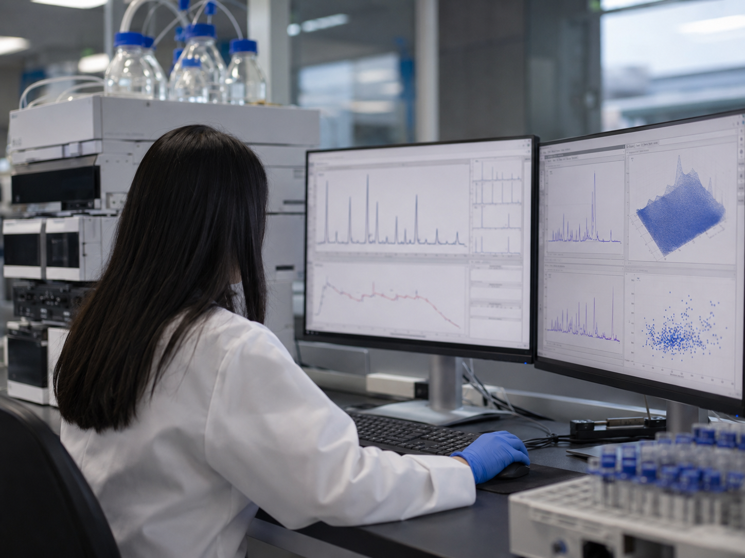 Analyst reviewing chromatography data at a workstation